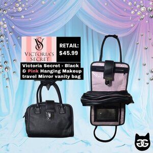 Victoria's Secret Black Pink Pebbled Leather Hanging Travel Makeup Vanity Bag